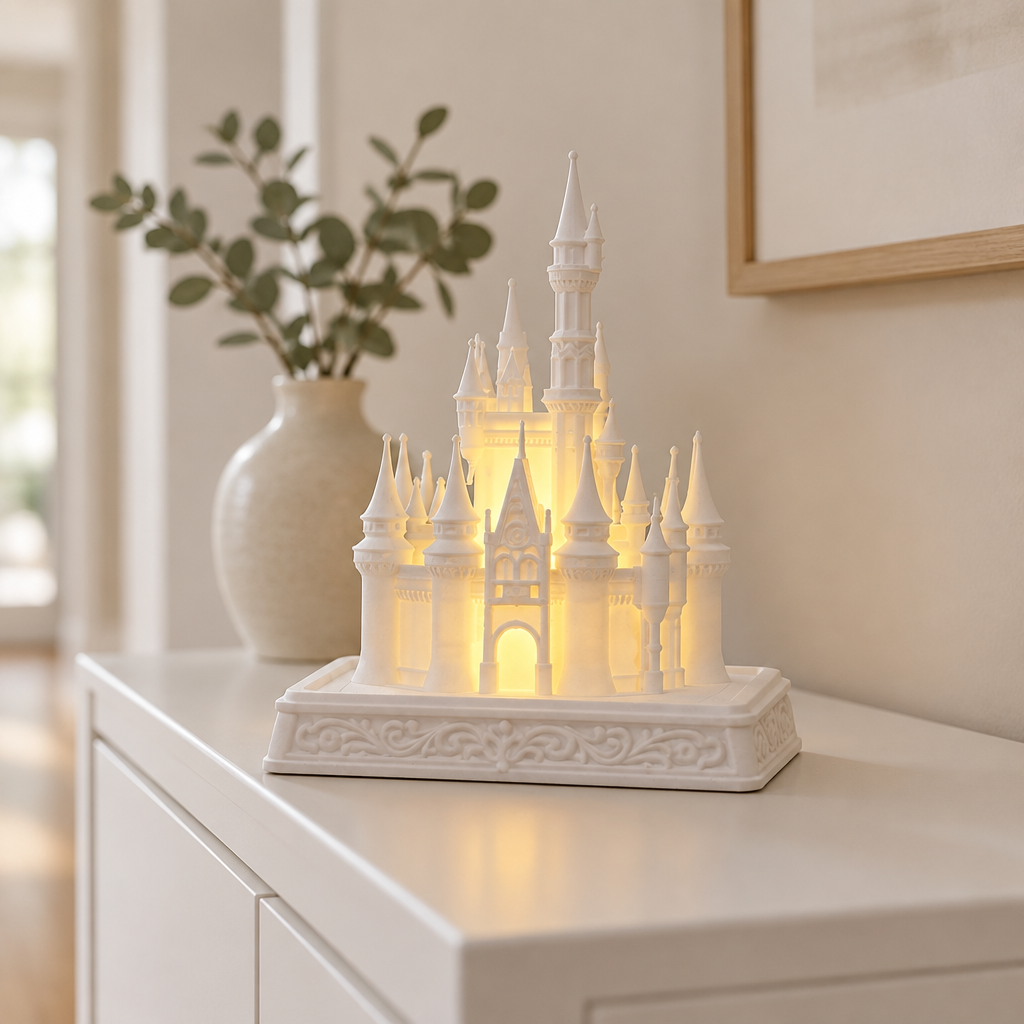 White castle tealight holder displayed on a minimalist hallway console