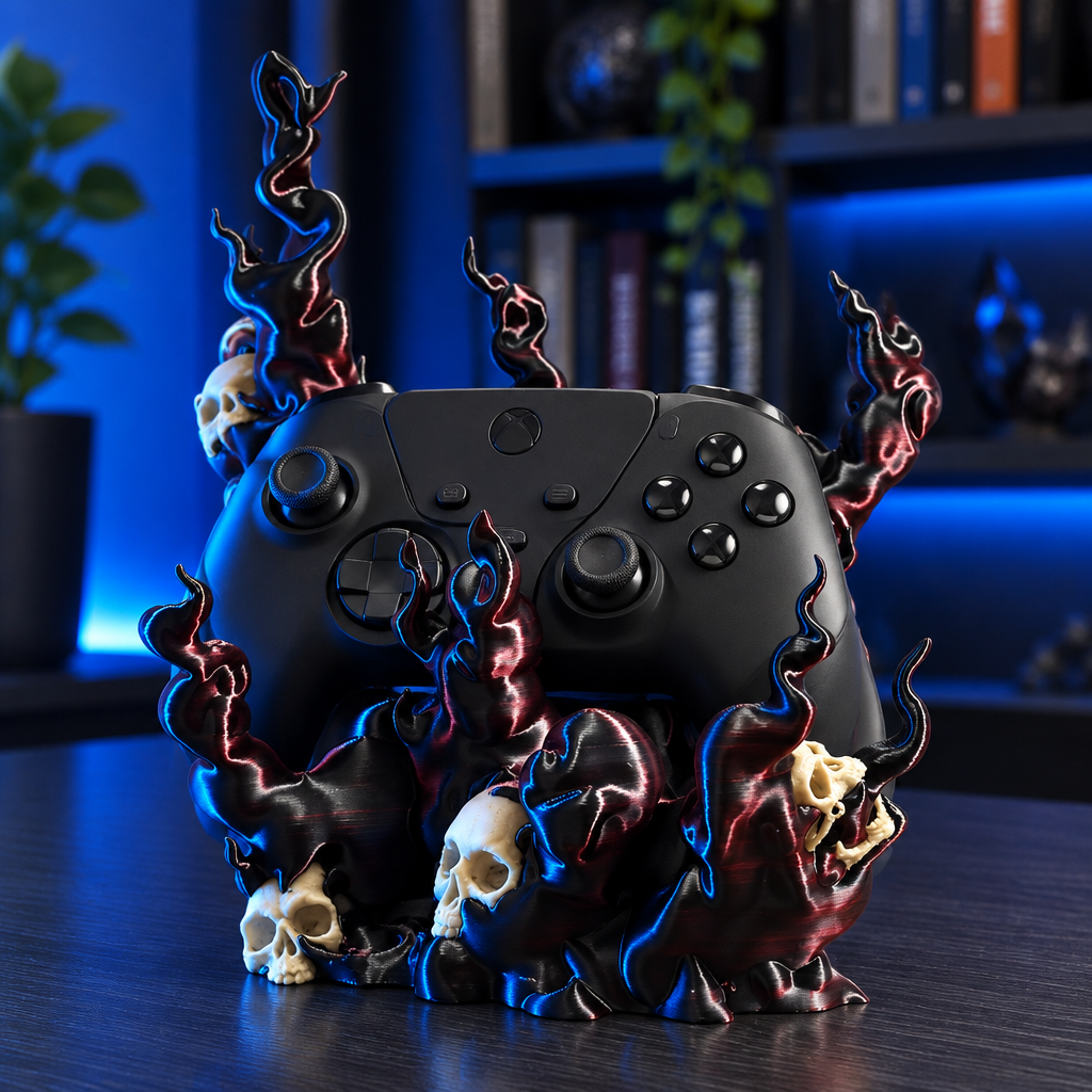 Black flame controller holder with Xbox-style controller on a dark graphite gaming desk