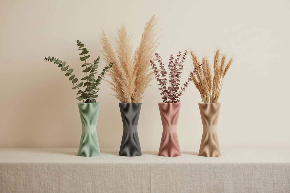 Four Ripple Twist Vases sage green charcoal grey dusty pink warm beige tight vertical ribbed ripple hourglass each holding dried stems styled group pale linen sideboard cream wall wide editorial landscape