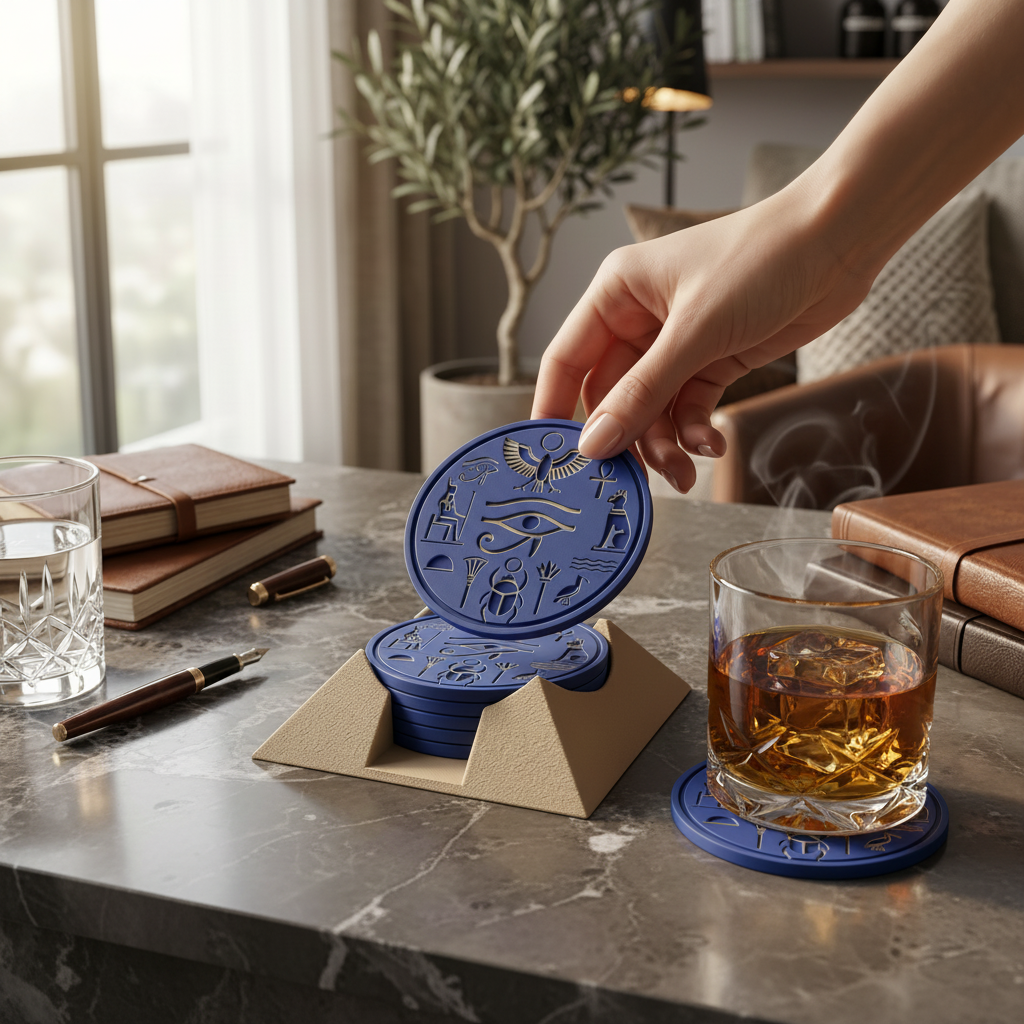 Ancient Egyptian Pyramid Coaster Set - Blue colourway lifestyle 2