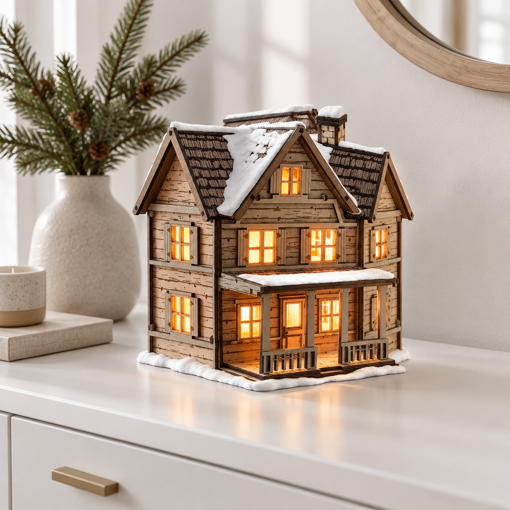 Tealight House styled on a minimalist white hallway console