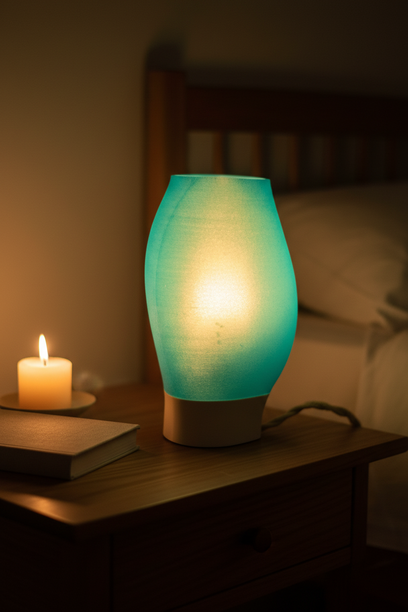 Flow Organica lamp glowing warmly on dark oak bedside table