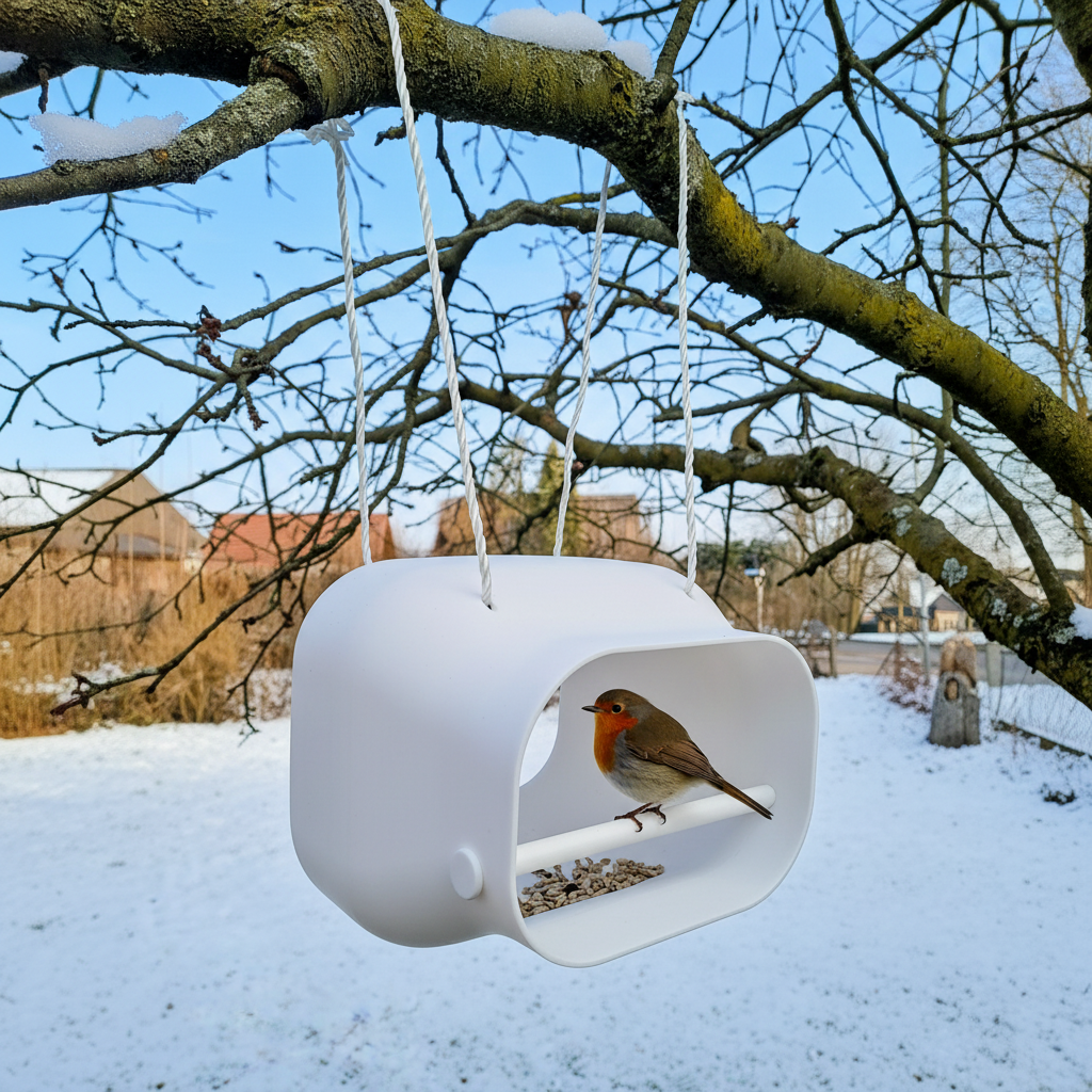 Bird feeding station hanging from snow-dusted tree with robin perched on rod