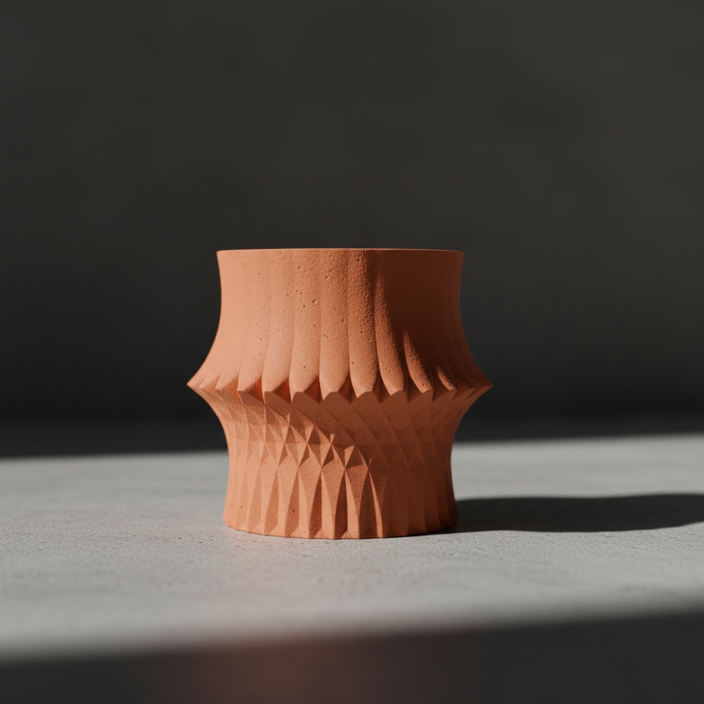Close up macro terracotta orange sculpted geometric desk planter diamond lattice texture dramatic raking side light