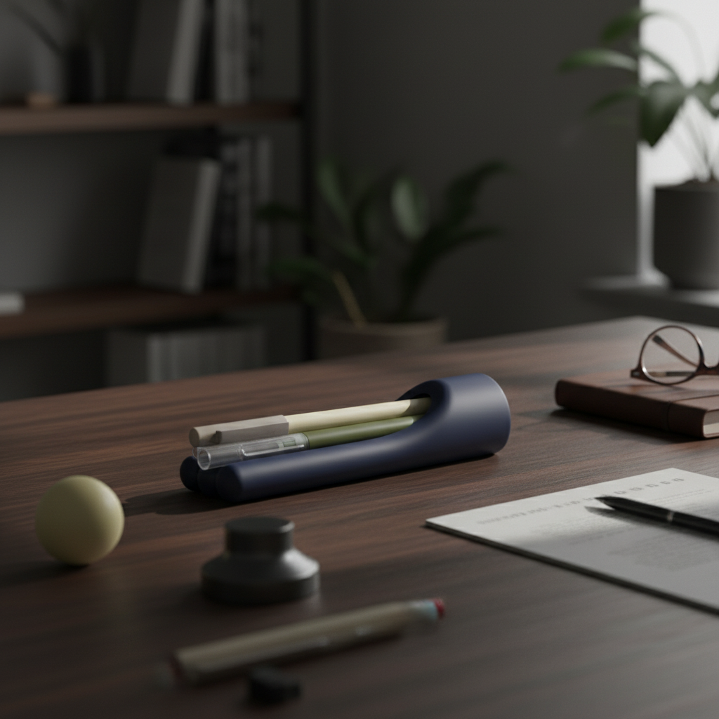 Hollow Pen Tray navy blue on dark wood desk showing hidden storage