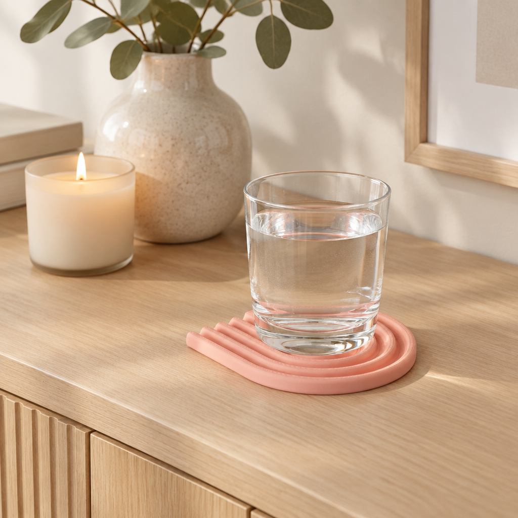 Pastel coral looped coaster with a glass of water on a sideboard with a candle