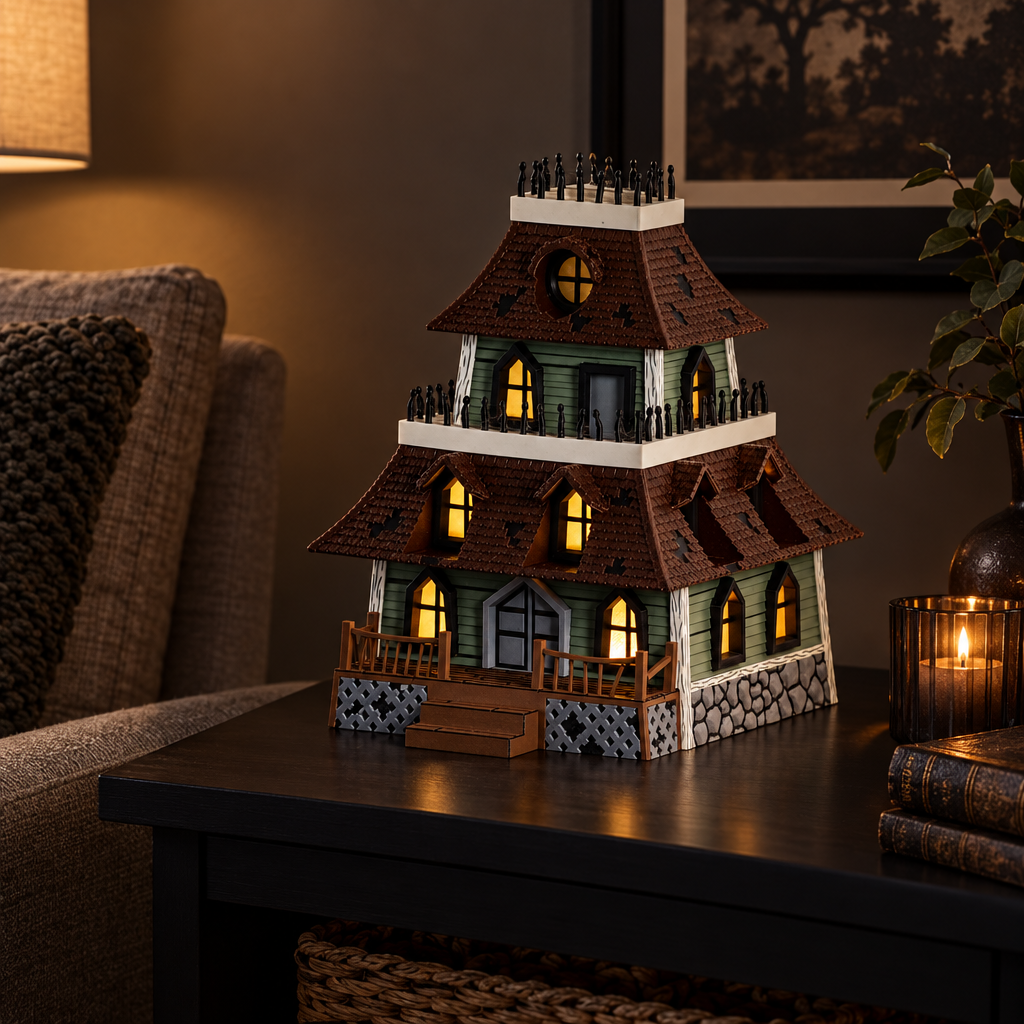 Haunted house on black side table