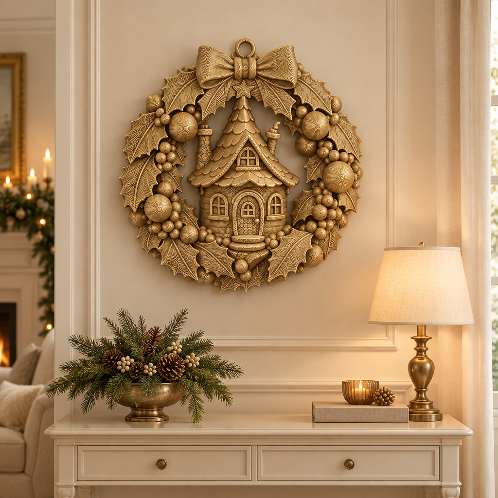 Gold Fairy Cottage Christmas Wreath above a cream console in a festive living room