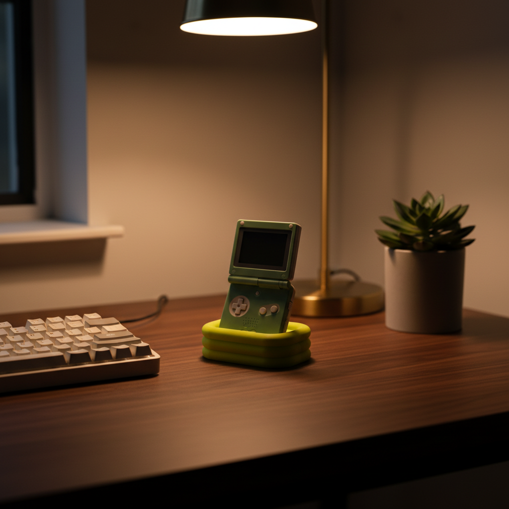 Trimui Brick Stand on gaming desk sage green