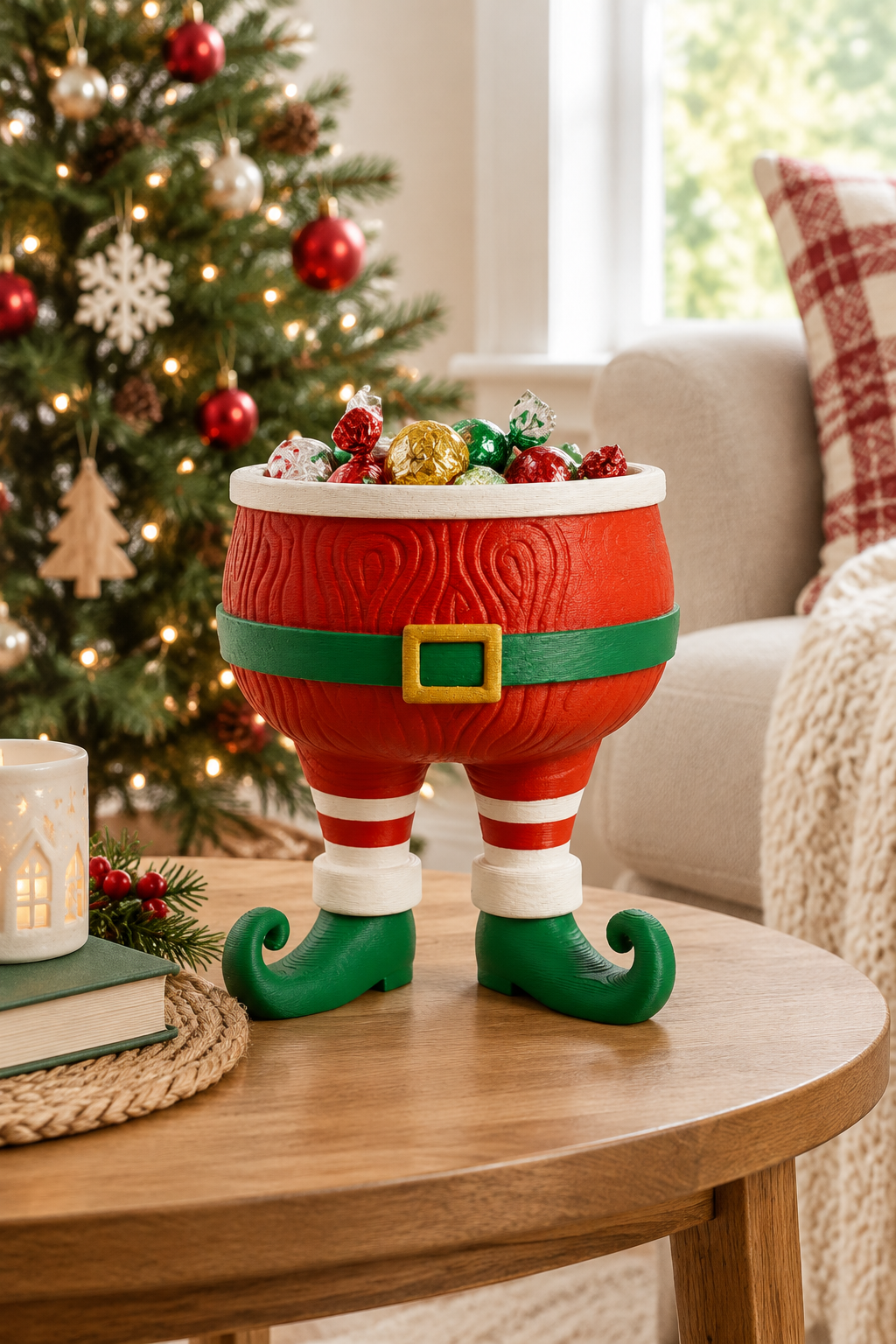 Santa sweet bowl displayed in a bright living room beside a softly decorated Christmas tree