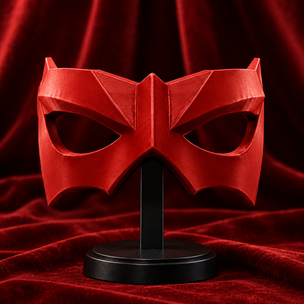 Crimson angular upper-face mask on a velvet photo-shoot set, strap not included