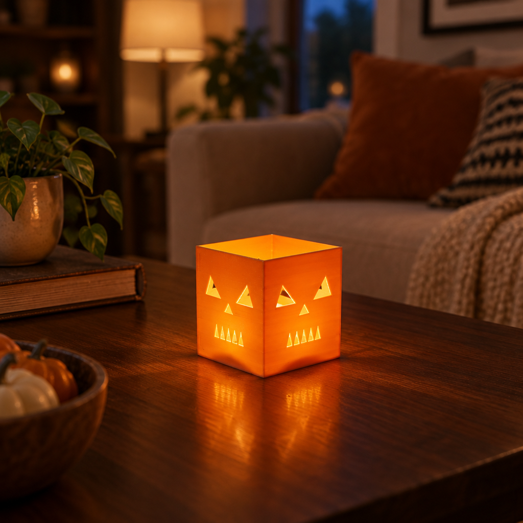 Orange cube pumpkin holder glowing on a coffee table with a flameless LED tealight