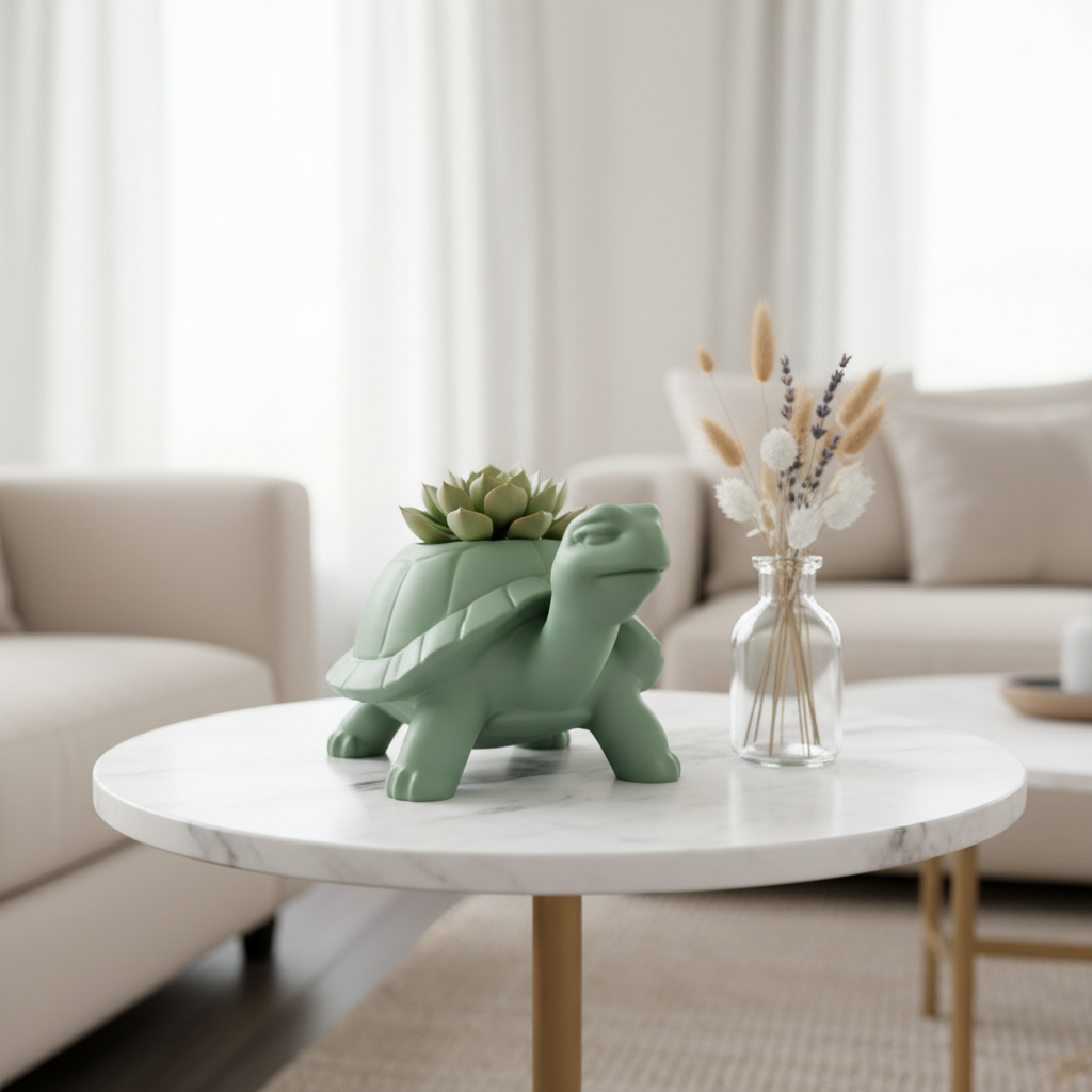 Sage green turtle planter with a tiny succulent on a marble side table with dried flowers
