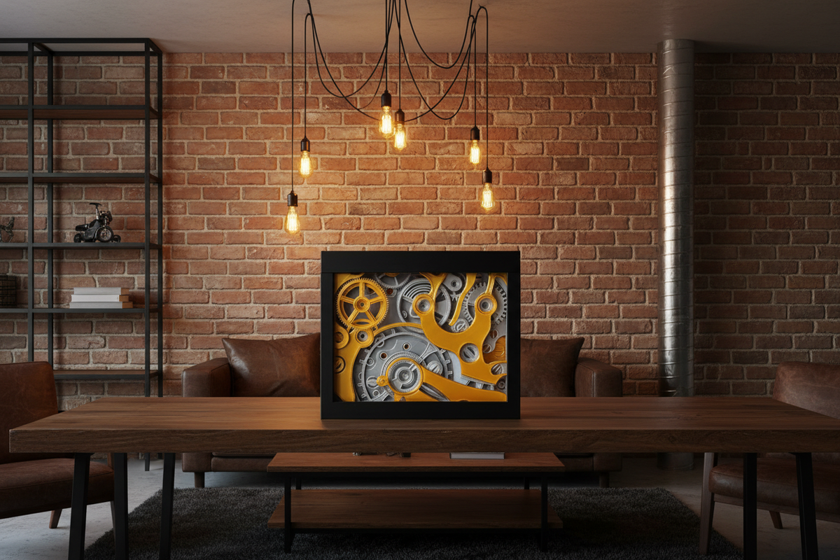 Clockwork shadow box on a wooden shelf in a modern industrial living room with exposed brick and Edison bulb lighting