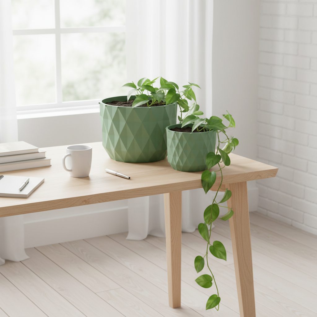 GeoBloom Geometric Planter in sage green — coordinated set on desk lifestyle