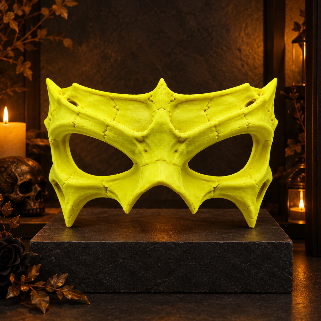 Neon Yellow Bone Wraith Mask displayed on a dark slate plinth.