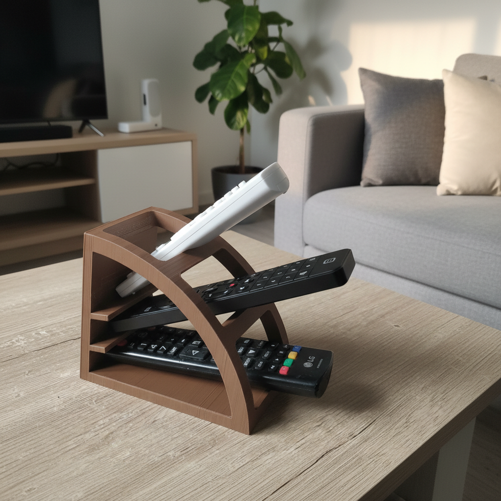 Remote Control Organiser on a modern living room coffee table beside a sofa with cushions and a plant