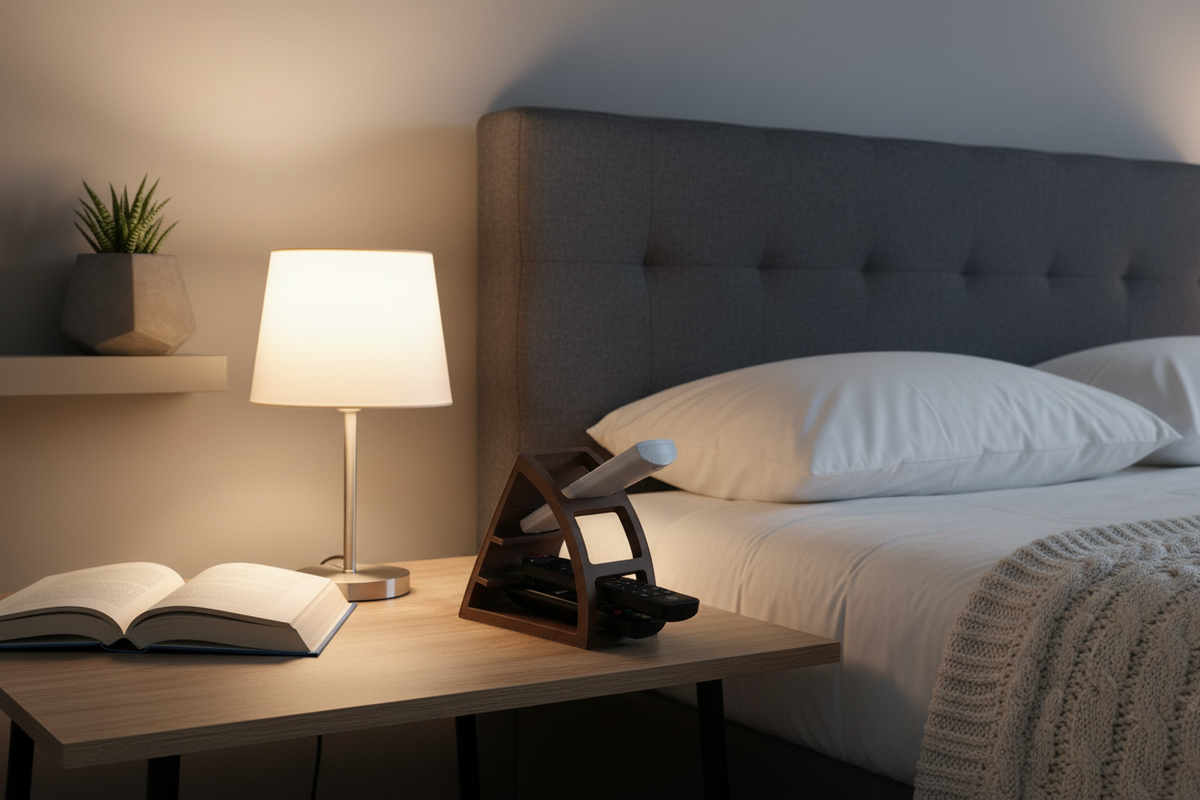 Remote Control Organizer on a bedside table next to a lamp in a cosy modern bedroom
