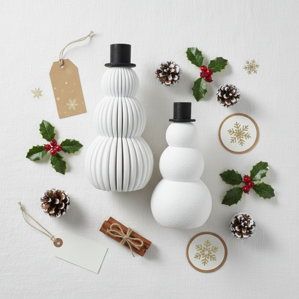 Overhead flat lay of snowmen with holly, cinnamon sticks and pine cones