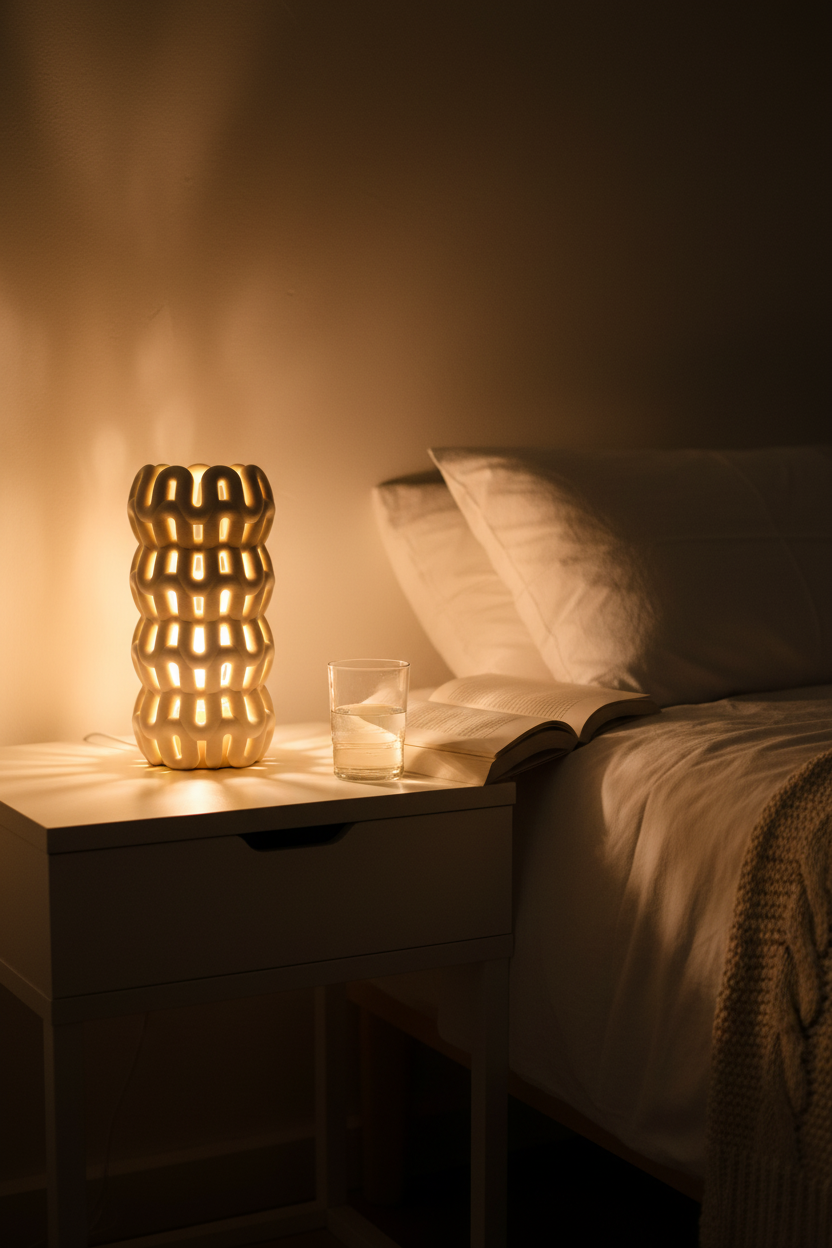 Wibble Weave LED Lamp glowing warm amber on oak bedside table - lifestyle