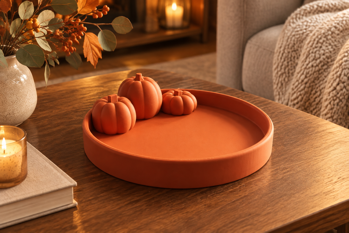 Orange Pumpkin Tray styled on a living-room coffee table