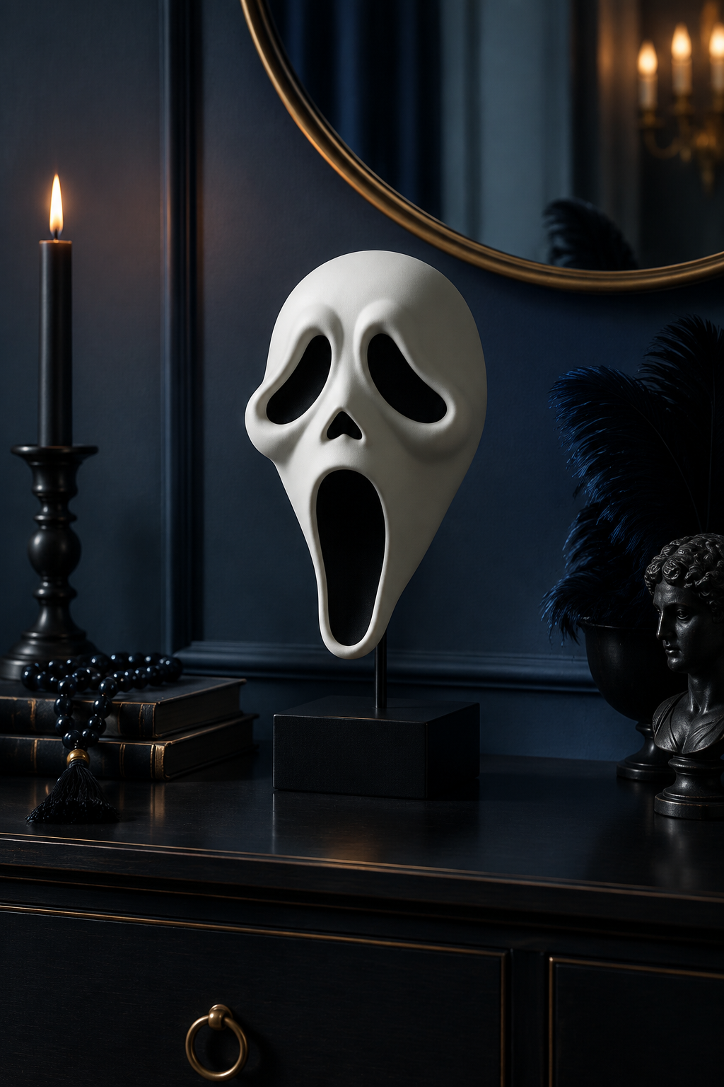 White Ghostface Mask on a black console beneath a round mirror
