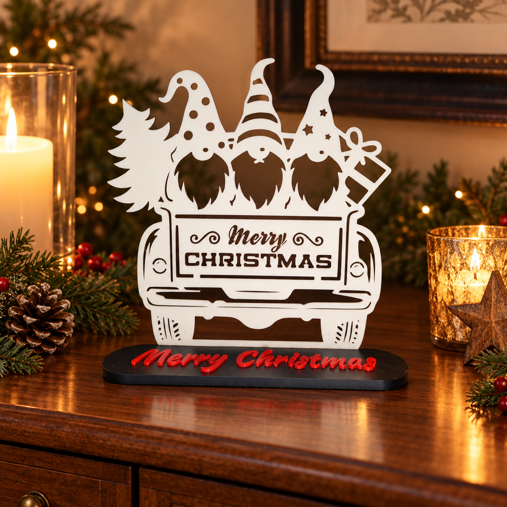 Gonks on Car – From Rear Christmas topper displayed beside candlelight