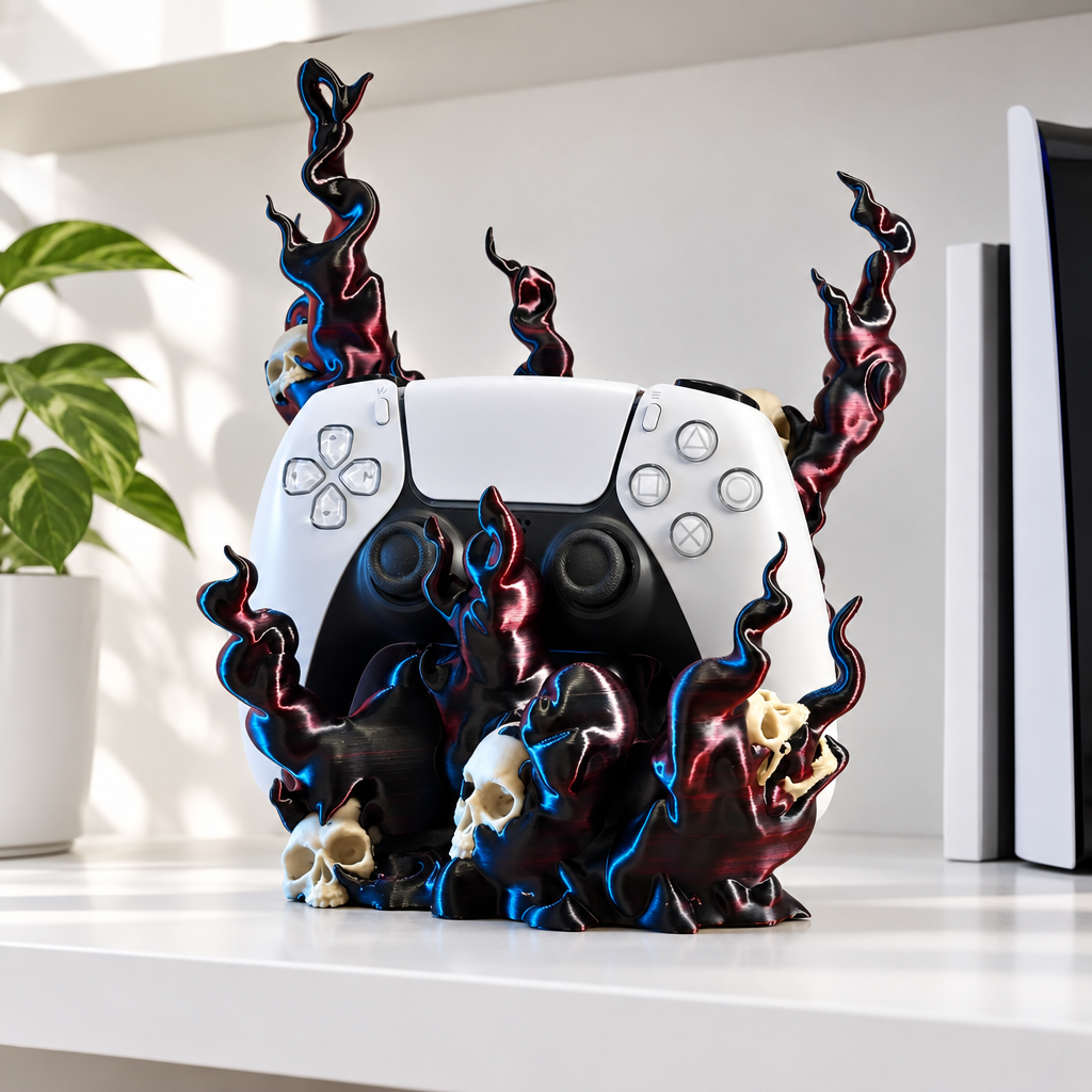 Skull flame controller holder with a white and black PlayStation-style controller on a bright gaming shelf