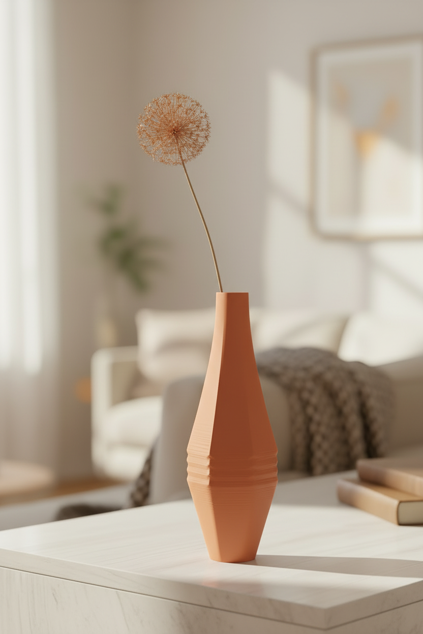 Stagger Panel Vase terracotta orange matte diamond-waisted staggered faceted panels single dried allium head pale marble shelf bright contemporary minimal interior soft diffuse natural light portrait