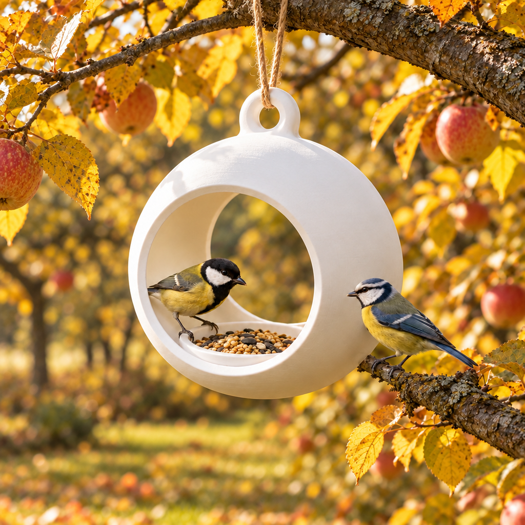 Sphere feeder in autumn orchard