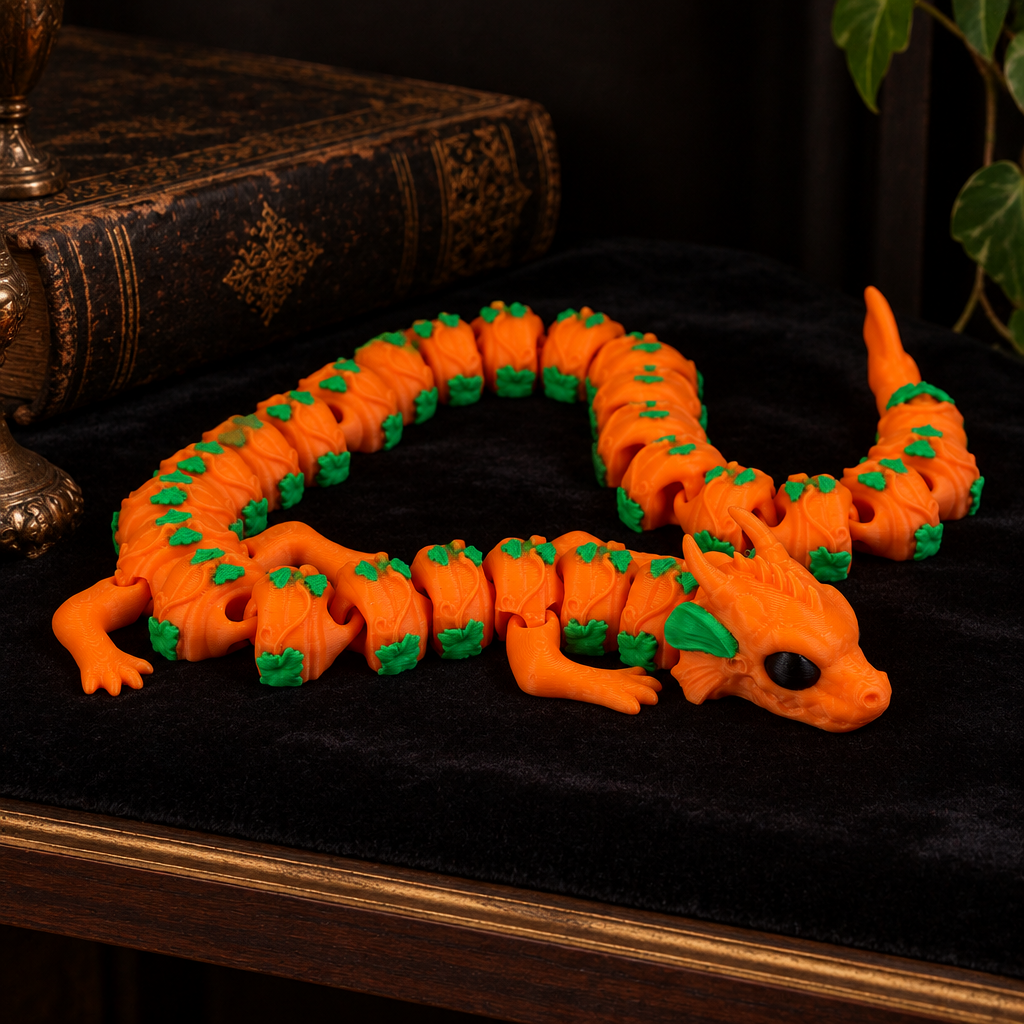 Pumpkin Dragon on black velvet shelf