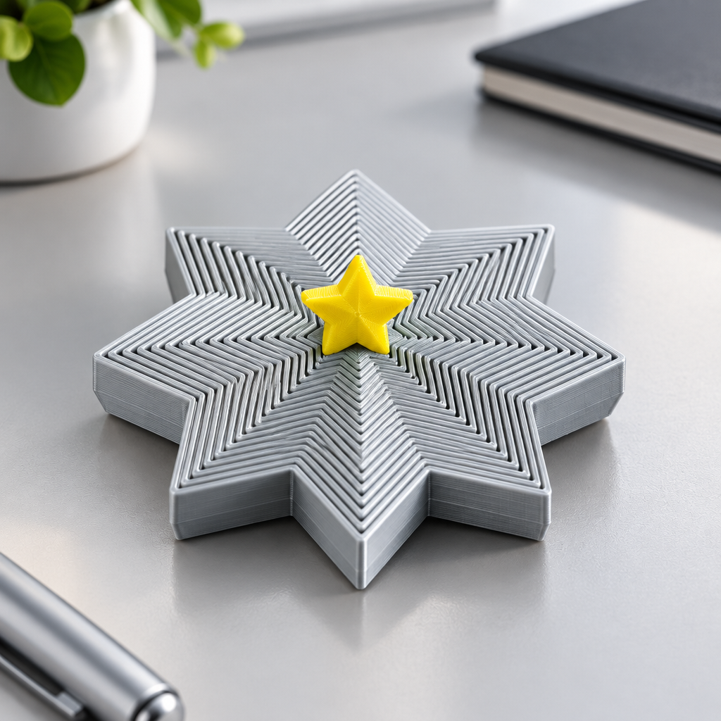 Silver star-shaped fidget spinner with a yellow centre star on a cool-neutral desk