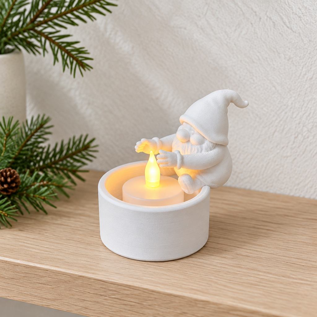 White Santa gnome tealight cup holder on a minimalist pale oak shelf