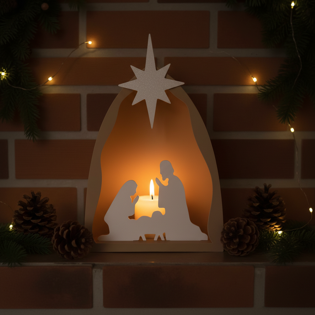 Nativity scene glowing on mantelpiece with pine cones and fairy lights lifestyle