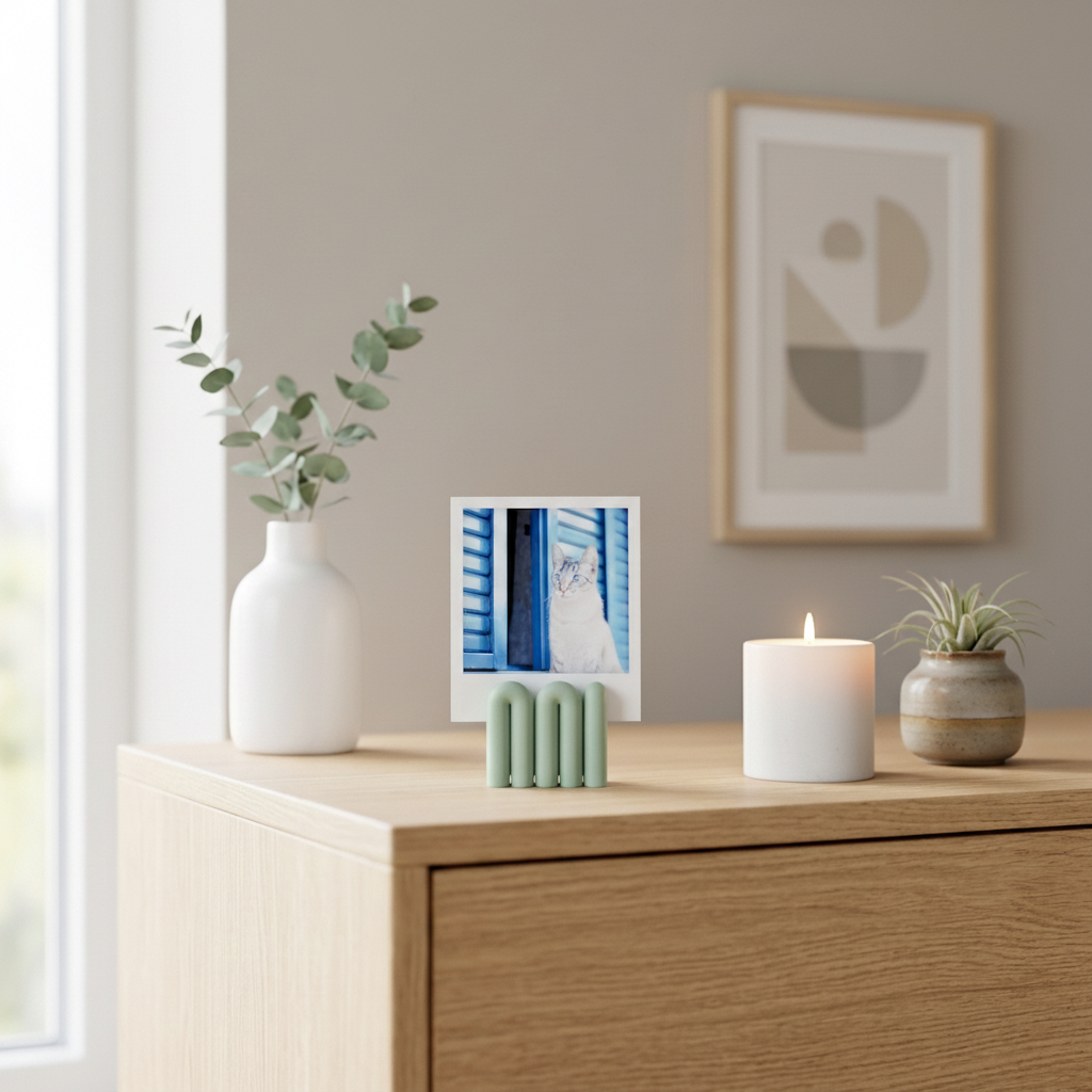 Sage green wibble photo holder on oak desk - lifestyle