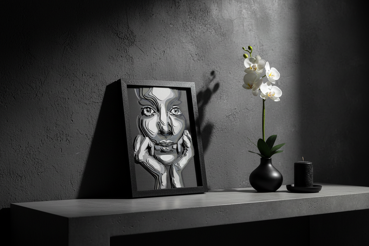 The Girl in Layers Shadow Box leaning against a dark charcoal wall on a concrete console table