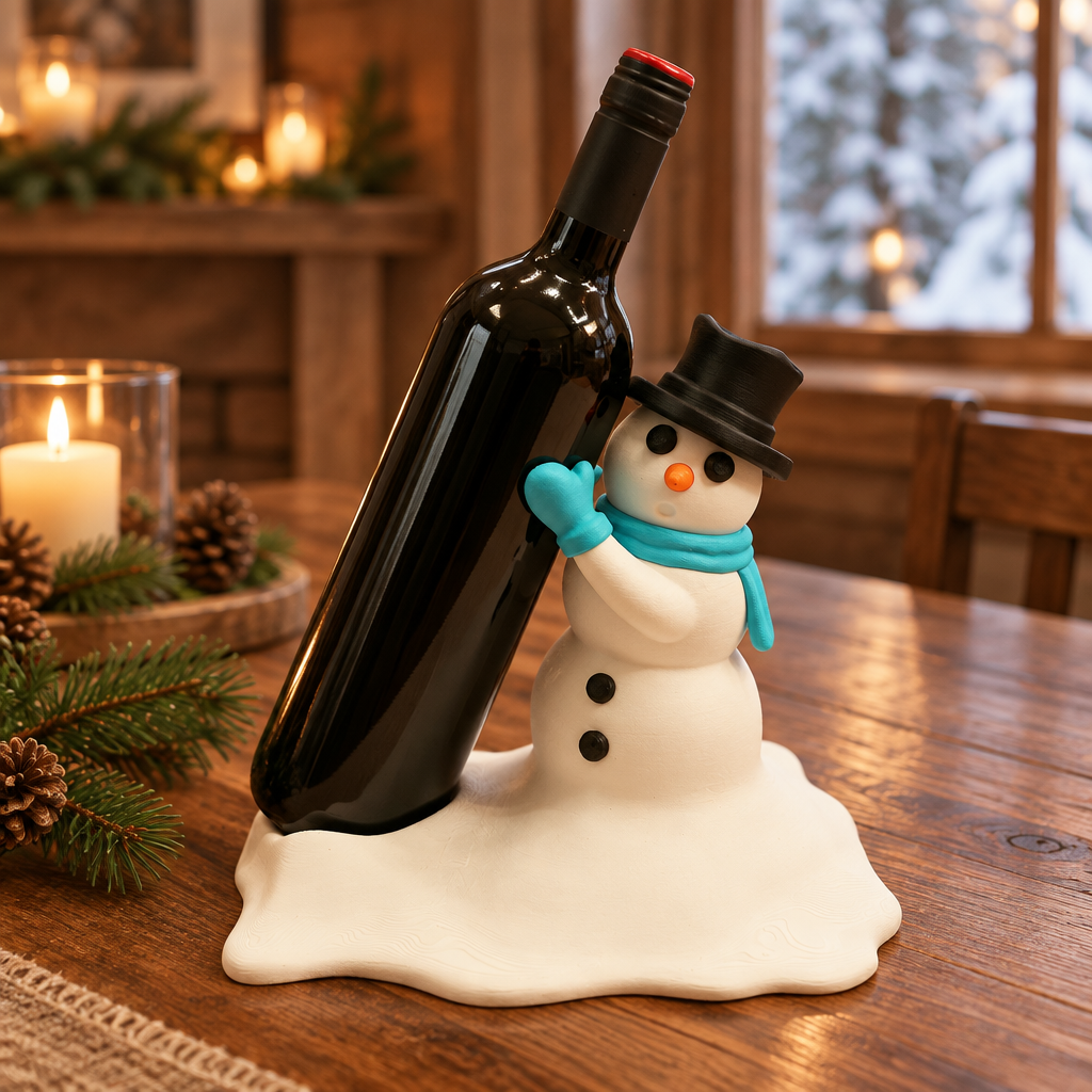 Snowman bottle holder with an unbranded bottle on a rustic cottage table