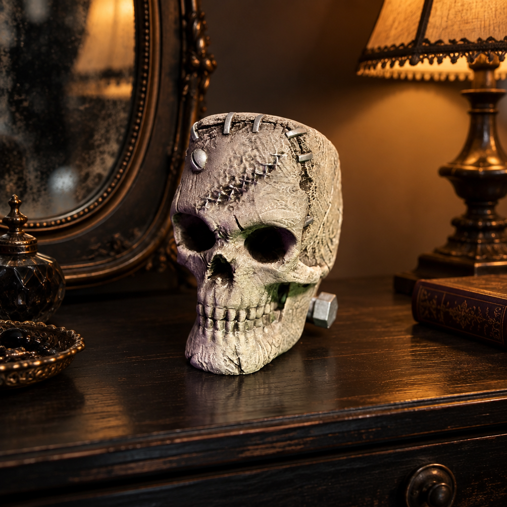 Gothic skull with bolt displayed directly on a dark dressing table