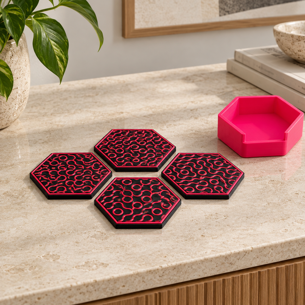 Truchet coaster set on stone sideboard
