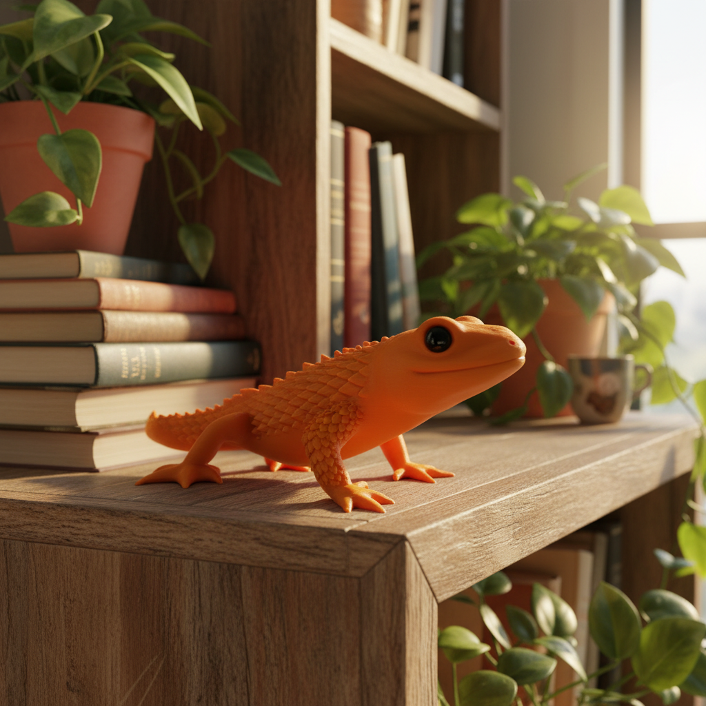 Tiny Legend Gecko-Dragon Figurine - orange colourway on rustic bookshelf