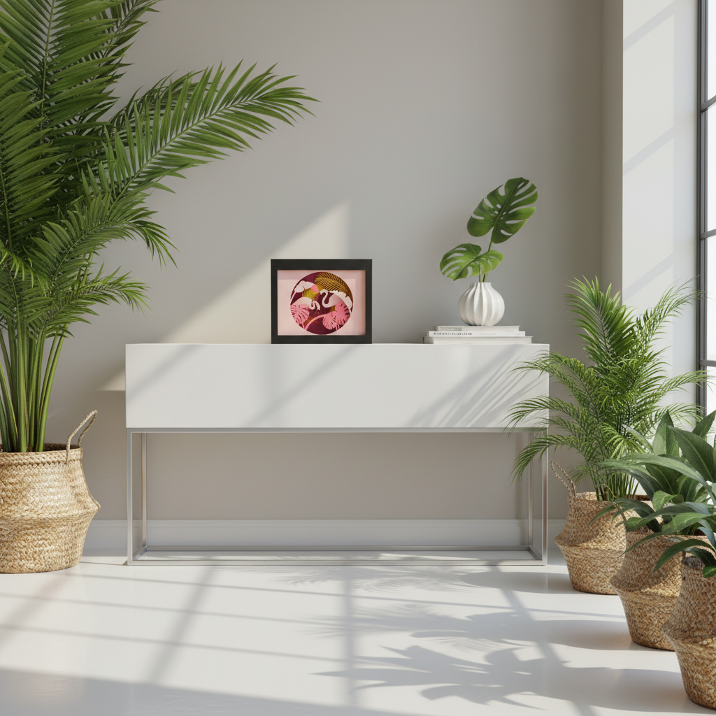 Flamingo Paradise Shadow Box displayed freestanding on a white console table in a bright hallway with tropical plants