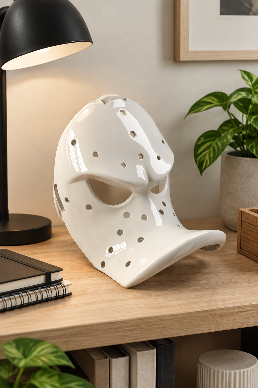 White perforated Duck Bill Mask on a modern home office shelf