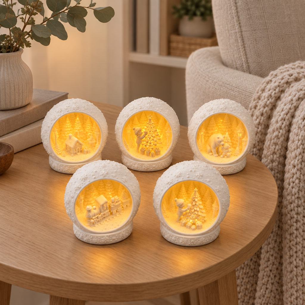 Five white Christmas scene holders arranged on a side table beside a knit throw.