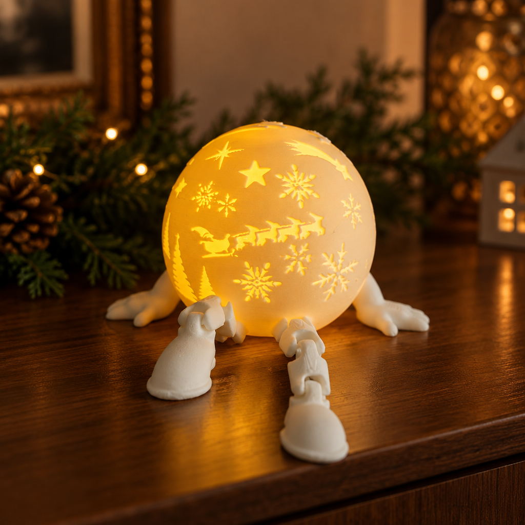 Close view of the white train-detail snow-globe tealight holder glowing on a sideboard