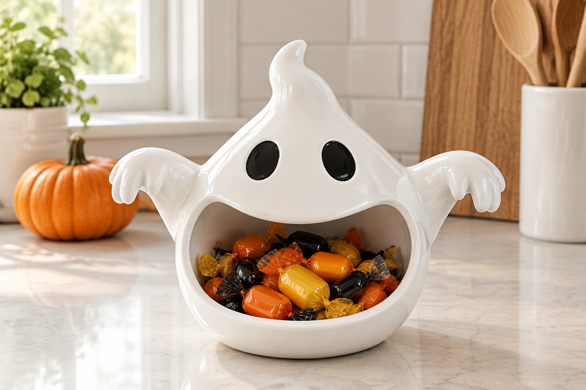 White wide-mouth ghost sweet bowl with extended arms on a kitchen counter
