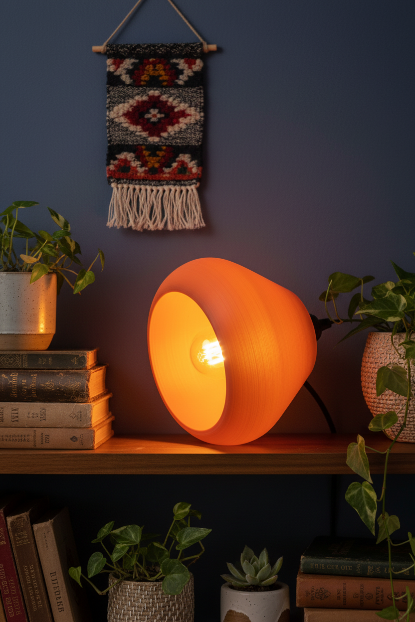 Soft Revolve Glow Lampshade on styled shelf as tabletop