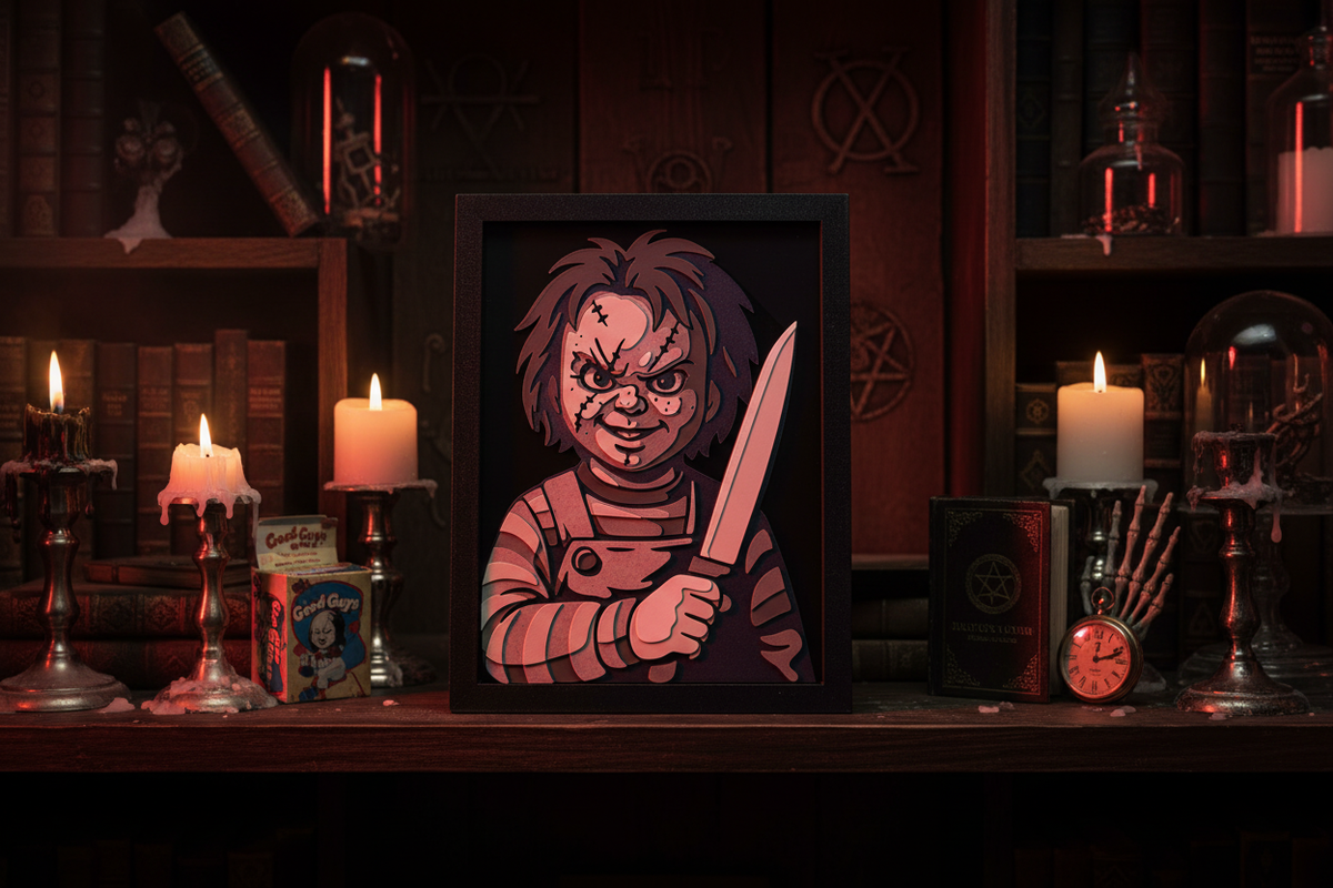 Chucky Shadow Box on a dark gothic shelf with dramatic red and orange lighting and candles