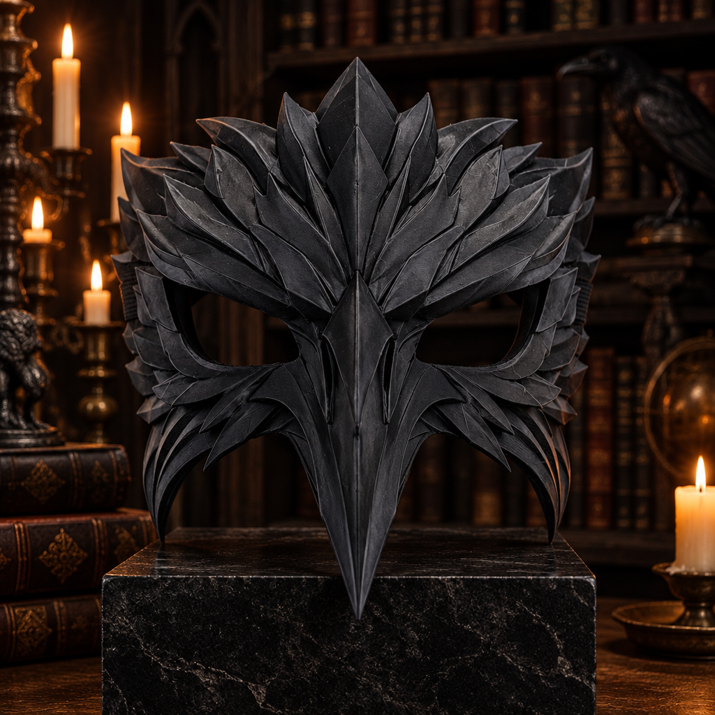 Black Raven Wraith mask with layered feathers and long beak in a gothic library, strap not included