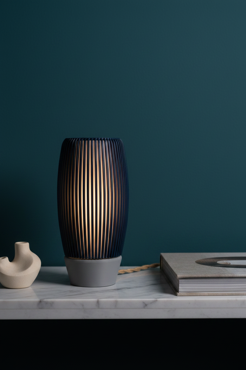 Ribbed E27 Lamp with diffuser tall oval barrel fine vertical ribbing deep navy blue matte finish warm amber inner glow pale marble shelf sophisticated minimal living room ceramic sculpture hardcover art book dramatic atmospheric glow deep teal wall portrait