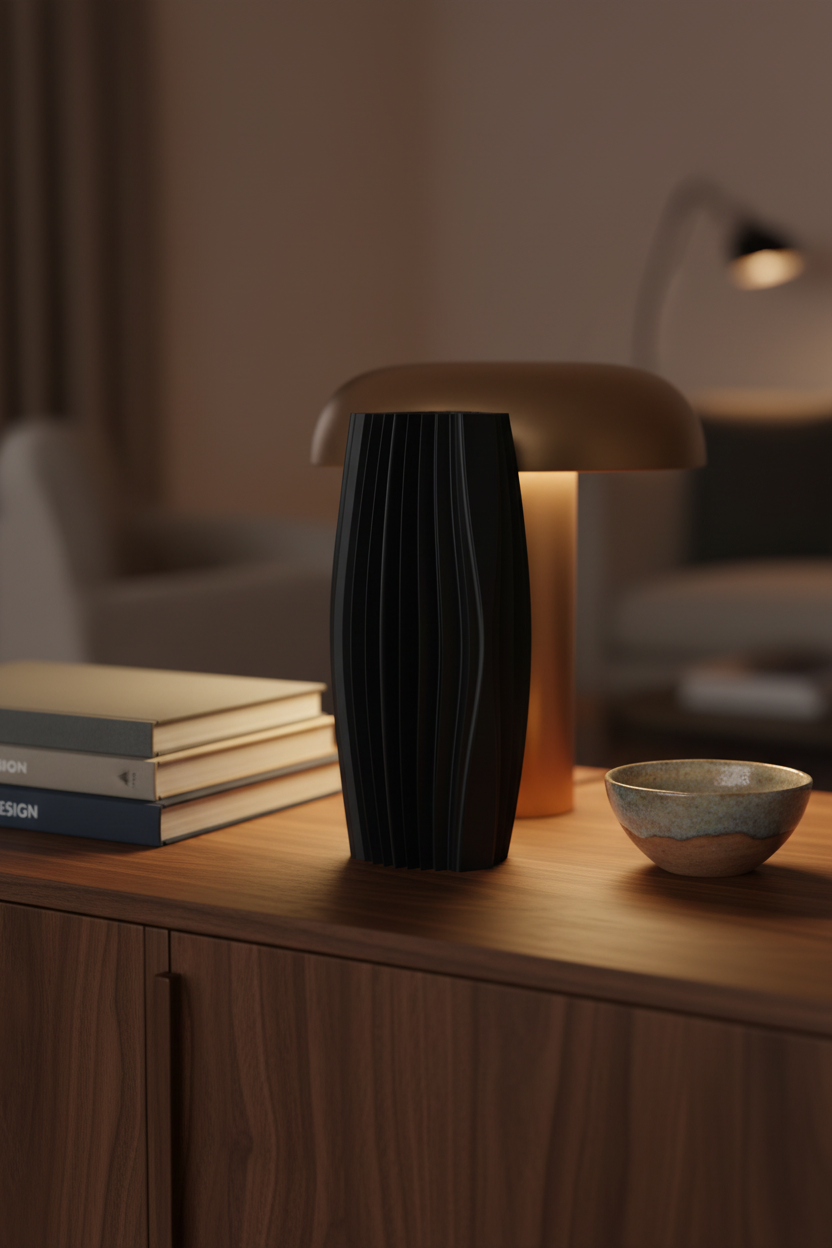 Black ribbed vase on walnut sideboard moody warm interior - lifestyle